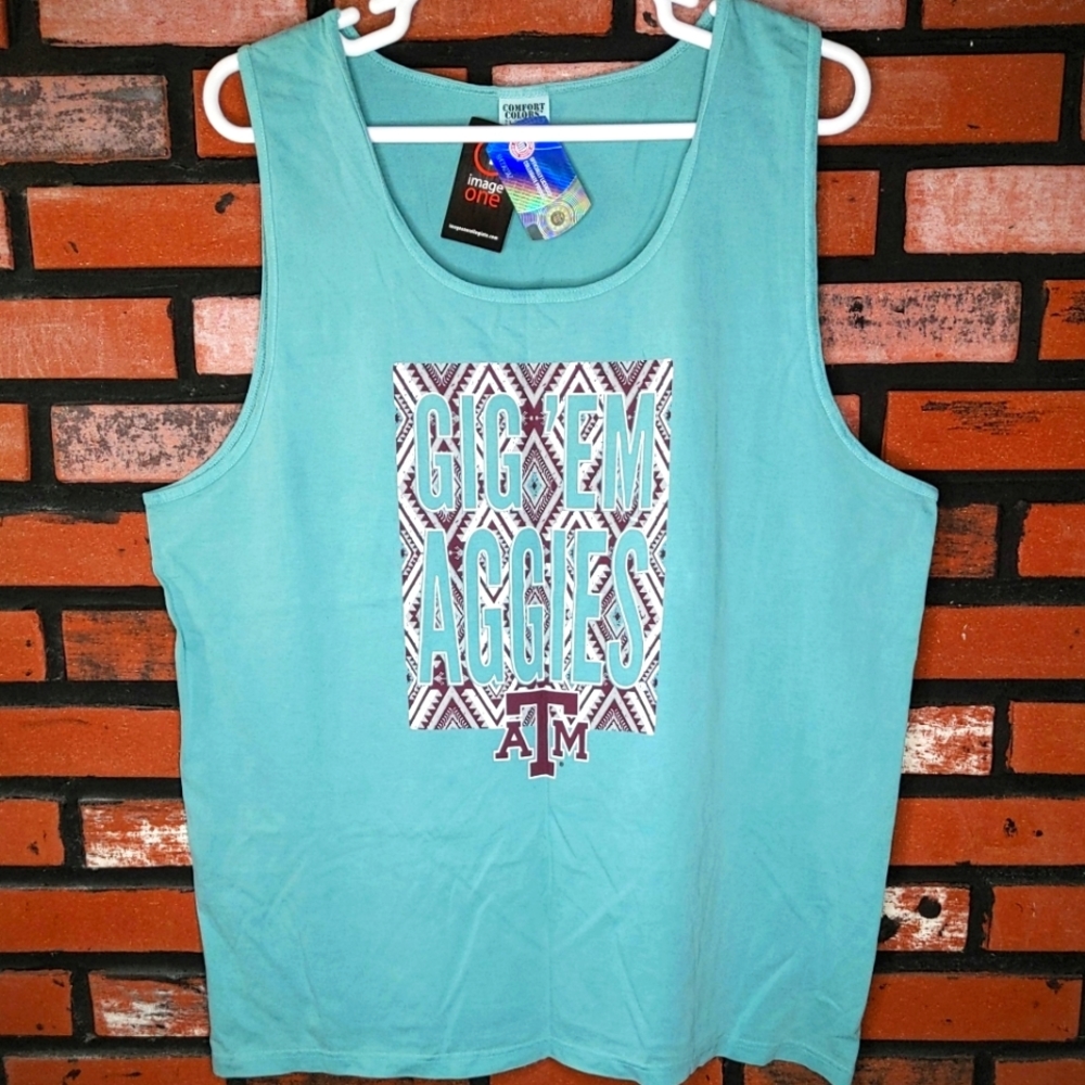 Comfort Colors NCAA Texas A&M 'Gig Em Aggies' Tank Tee XXL Teal Vintage Wash NWT